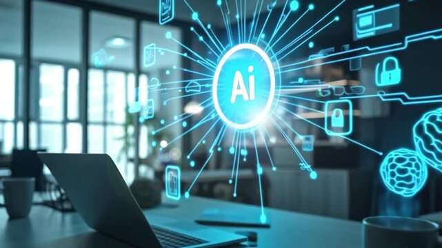 computer network with binary code with hologram screen, AI