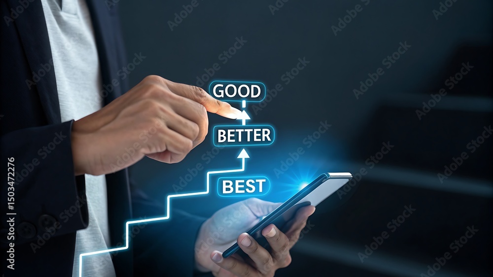 Poster businessperson choosing the best path for improvement using a smartphone app to analyze their progre