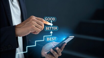 Businessperson choosing the best path for improvement using a smartphone app to analyze their progress