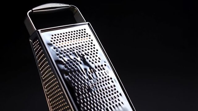 Shiny, rectangular metal grater angled against a dark background