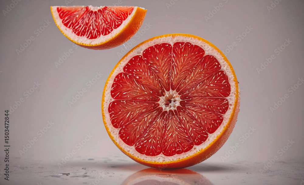 Poster Close up of a grapefruit with a slice missing. The grapefruit is cut in half and the slice is missing