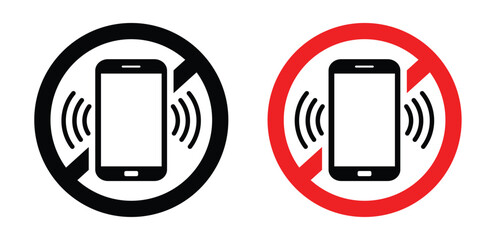Prohibition sign: red circle with black slash overlays central smartphone emitting radio waves. Modern flat design, symbolic of restricted phone use. Bold red, black, white.