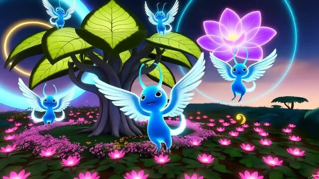 Neon Fantasy Forest: Glowing Creatures & Animated Pink Flowers &ndash; Magic Scene