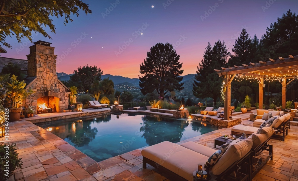 Aufkleber Large pool with a fire pit and a patio area with several lounge chairs. The pool is surrounded by a wooden gazebo and a stone fireplace. The atmosphere is warm and inviting, perfect for relaxing and