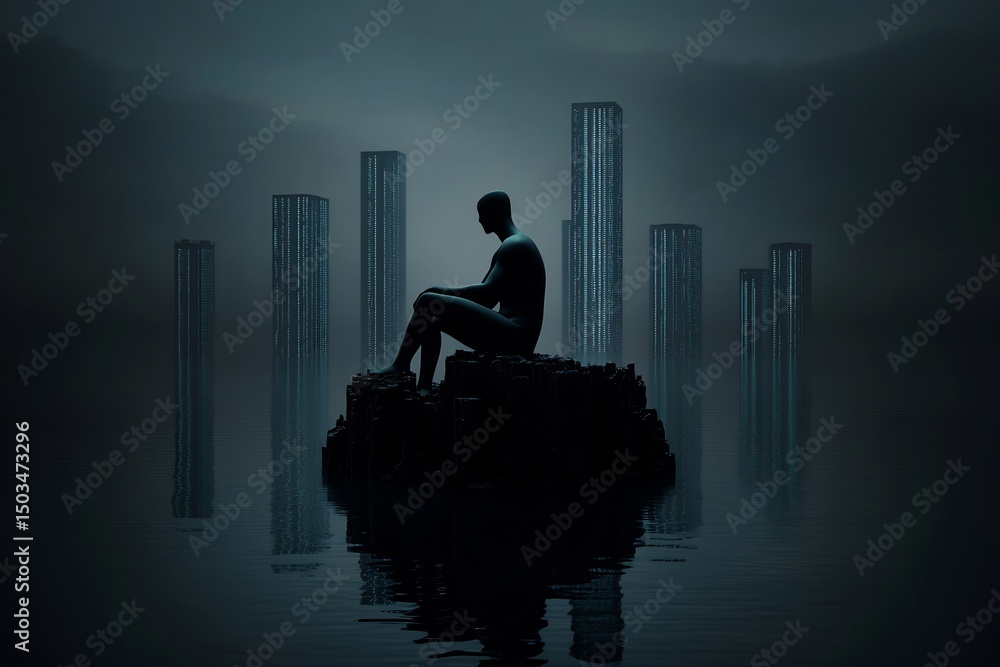 Poster technological loneliness symbolized a glowing figure isolated on a data island