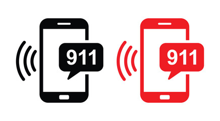 Two minimalist black smartphone icons with red '911' emergency call alerts (white text) displayed symmetrically on a white background. Flat outline design, central placement, clean vector illustration