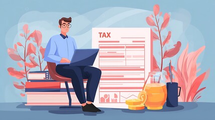 Tax and Vat concept. Government, state taxes concept. Businessman using calculator and laptop to complete Individual income tax return form online for tax payment. Data analysis, financial research