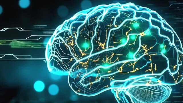 human brain scan electric lights with hologram screen, AI