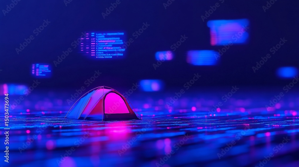 Poster digital nomad lifestyle symbolized by a glowing tent under floating code clouds