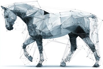 Geometric Horse Sculpture Abstract Polygonal Design in Silver and Black for Modern Art Techno