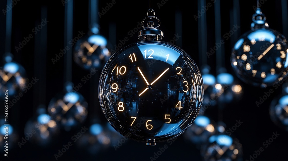 Poster time zone synchronization depicted glowing clocks orbiting a translucent globe
