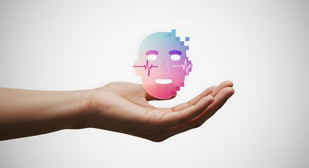 Emotion AI Icon Floating Above A Hand With Translucent Half-Human Half-Pixel Face And Emotional Pulse Line For Advanced Sentiment Analysis And UX Insights