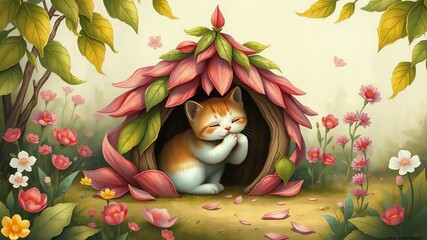 A cat building a tiny hut out of petals and leaves in a fairy-tale garden &mdash; imaginative, detailed, children&rsquo;s book illustration style