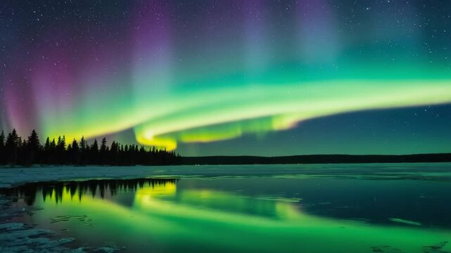 Stunning Green and Purple Aurora Borealis Reflections Over a Partially Frozen Lake with Silhouette Trees and Starry Sky at Night