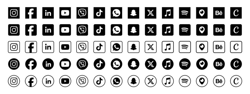 Instagram, Spotify, Apple Music, Facebook,  X,  YouTube, Behance, Canva, Snapchat, viber, WhatsApp, LinkedIn, Tiktok icon collection. Realistic social media logos set for UI branding design in PNG.