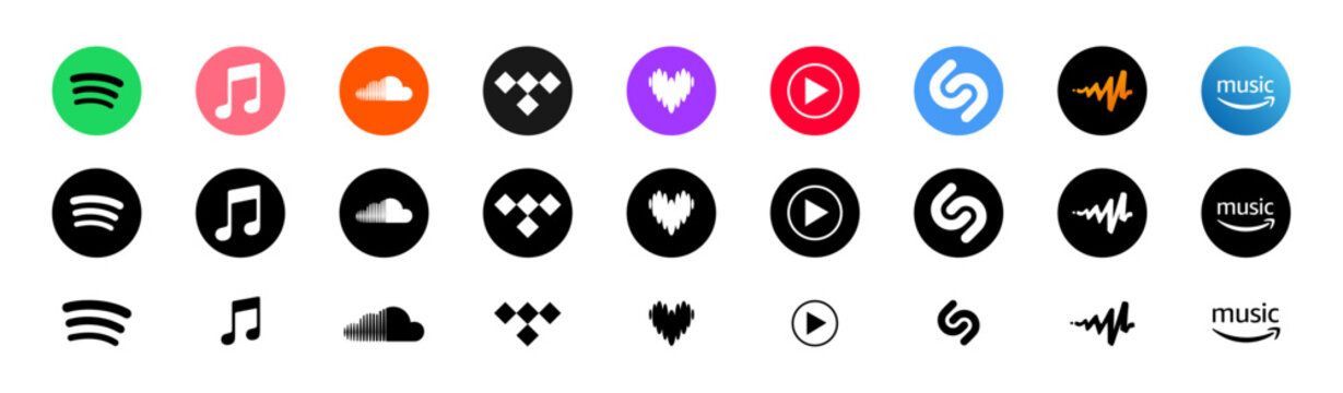 Spotify, Apple Music, SoundCloud, Deezer, YouTube Music, Amazon Music, Pandora, iTunes, Tidal. Logo icon set for popular music streaming services 2025.