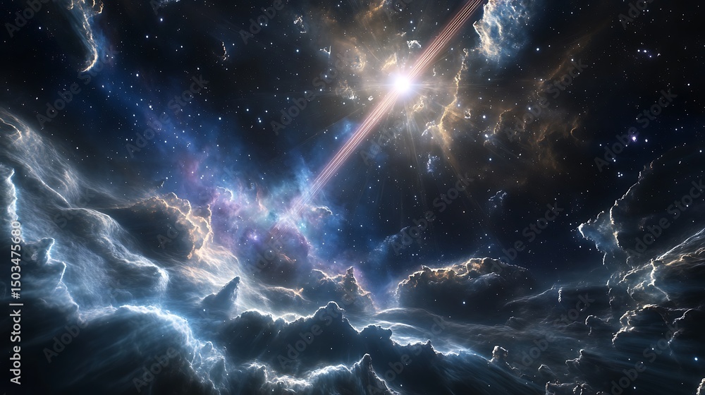 Wall mural view of a pulsar emitting beams of light across vast interstellar space with surrounding gas clouds 