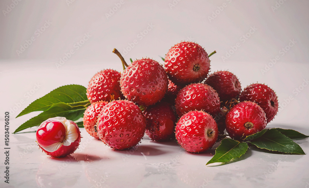 Poster bunch of red fruit with a single fruit missing. the fruit is small and red with a green leaf on top
