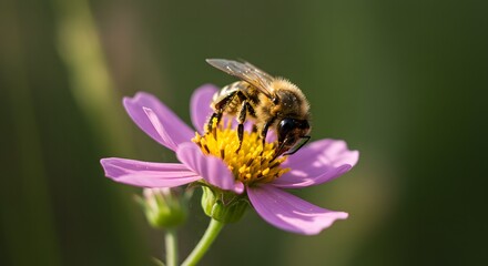 A bee collecting pollen from a pink cosmos flower in a garden on a sunny day in the summer season