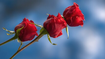 Crimson Trio Three red roses against blue sky with romantic still life.