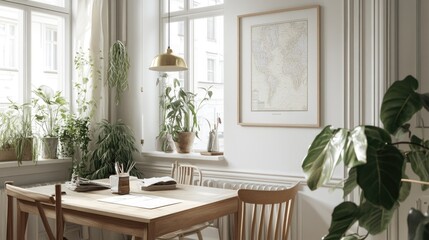 A bright, airy dining area filled with greenery.