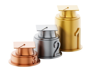 Gold, silver and bronze mortarboards standing on columns on transparent background. 3D illustration