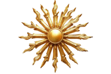 Decorative golden sunburst design featuring radial rays with a central circular orb in a detailed metallic texture on a transparent background
