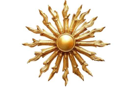 Decorative golden sunburst design featuring radial rays with a central circular orb in a detailed metallic texture on a transparent background