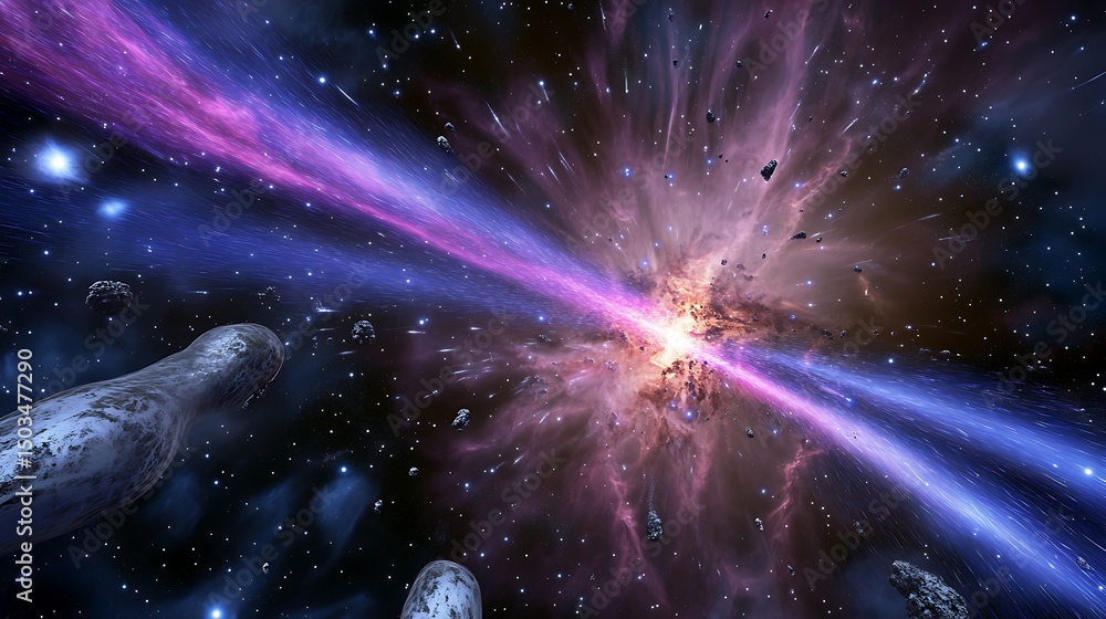 Wall mural visualization of cosmic rays streaming across the universe interacting with the intergalactic medium