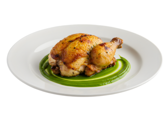 Golden Roasted Chicken Thigh Served Over Vivid Green Sauce on White Plate Isolated on PNG Background.