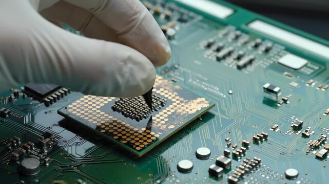 Close-up of a technician gloved hand using a precision tool to work on a microchip attached to a circuit board, emphasizing delicate electronics repair, technology, and advanced hardware assembly.