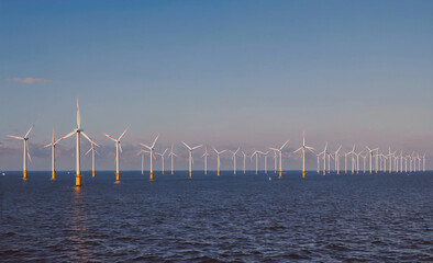 Long line of wind turbines are in the water. The wind turbines are in the water and are very tall