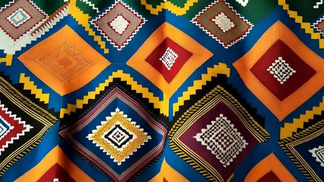 Vibrant textile featuring geometric diamond patterns, zigzag borders, and colorful background with a rich, textured look ideal for design projects.