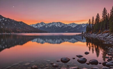 Beautiful lake with mountains in the background. The sky is orange and pink, creating a serene and peaceful atmosphere