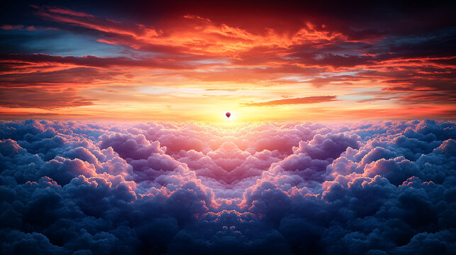 A surreal sunset view with a hot air balloon flying above white clouds under a fiery orange sky at dusk.