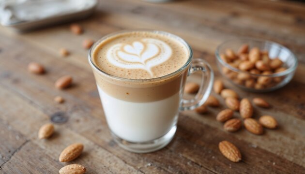 Creamy latte art in a glass with almonds on a wooden table