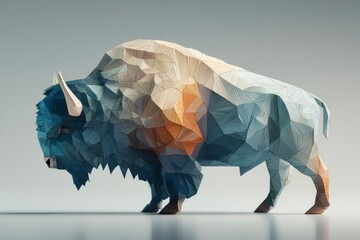 Geometric Bison Art Abstract Polygonal Design with Blue and Orange Accents for Creative Projec