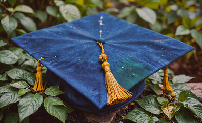 Blue cap with yellow trim sits on a leafy green bush. The cap is a graduation cap and has a yellow tassel