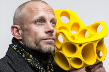 A man with a beard holding a vibrant yellow 3D printed object showcasing modern design and inn