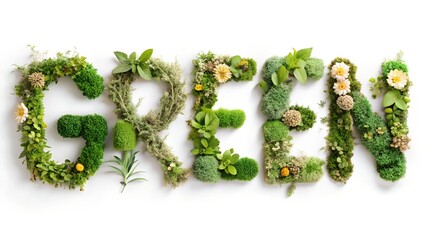 Eco-friendly inscription " CREEN" is a precise inscription of letters composed of natural elements: leaves, flowers, moss and twigs. Light pastel shades and natural texture give the letter a lively, n