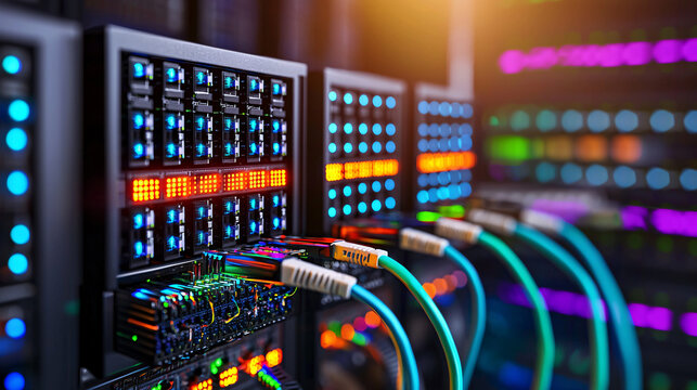 Close up of data center servers with colorful cables connected in a modern and secure network environment.