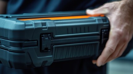 Obraz premium Closeup of a sturdy, dark gray toolbox in hands.