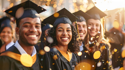 Portrait of a diverse group of graduates smiling, with layered digital sparkles and confetti effects, giving a celebratory and artistic touch