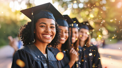 Portrait of a diverse group of graduates smiling, with layered digital sparkles and confetti effects, giving a celebratory and artistic touch