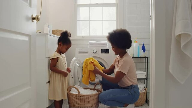 African American daughter helps mom with laundry in bathroom, washing machine