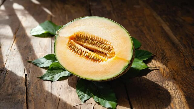 Half of tasty cantaloupe melon placed on green leaves on rustic wooden surface with natural sunlight highlighting its juicy texture and seeds, showcasing fresh and healthy fruit in organic setting.
