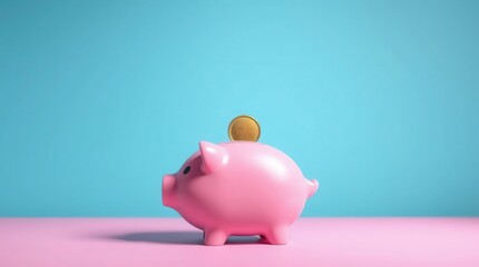 Coin drops into pink piggy bank on two-tone backdrop - saving money for the future with smart investing.