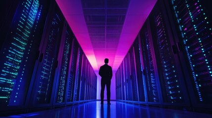 Silhouette of professional in high tech data center with colorful lighting
