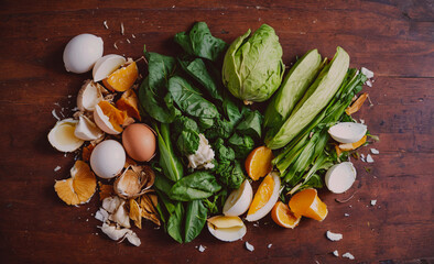 Pile of food including vegetables, an egg, and orange peels. The pile of food is on a wooden table