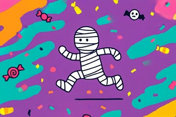 Naklejka premium Playful mummy running after loose bandage at Halloween party with confetti candy and spooky decorations Generative AI